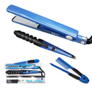 Kit de Plancha Alaciadora 3 en 1 para Cabello Liso y Rizado (Azul)