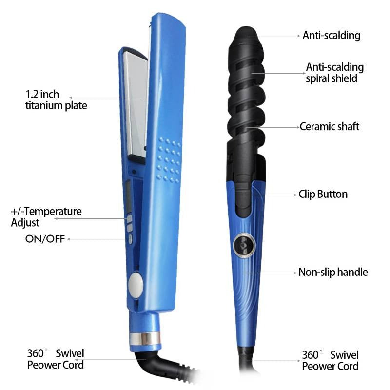 Kit de Plancha Alaciadora 3 en 1 para Cabello Liso y Rizado (Azul)